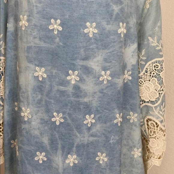 Boho Embroidered Lace-Trim Dress in Light Blue Tie-Dye - Picture 3 of 8